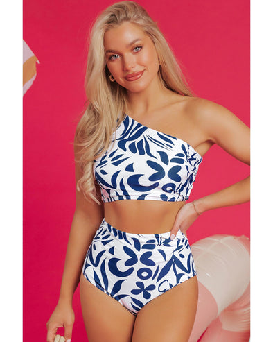 Blue Printed One-shoulder High Waisted Bikini - XL