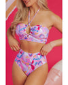 Pink Floral Printed Halter Neck High Waist Bikini - XL