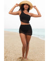 Black Pleated Mesh One Shoulder Bikini Top and Skirts Set - L