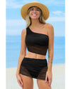 Black Pleated Mesh One Shoulder Bikini Top and Skirts Set - L