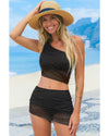 Black Pleated Mesh One Shoulder Bikini Top and Skirts Set - L