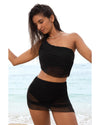 Black Pleated Mesh One Shoulder Bikini Top and Skirts Set - L