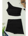 Black Pleated Mesh One Shoulder Bikini Top and Skirts Set - L