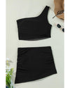 Black Pleated Mesh One Shoulder Bikini Top and Skirts Set - L
