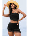 Black Pleated Mesh One Shoulder Bikini Top and Skirts Set - S