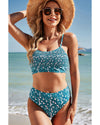 Blue Floral Print Smocked Cute Bikini Set - M