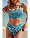 Blue Floral Print Smocked Cute Bikini Set - M