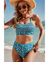 Blue Floral Print Smocked Cute Bikini Set - M
