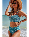 Blue Floral Print Smocked Cute Bikini Set - M