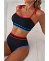 Black Triple Color Trimmed High Waist Bikini Set - 2XL
