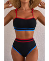 Black Triple Color Trimmed High Waist Bikini Set - XL