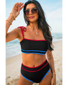 Black Triple Color Trimmed High Waist Bikini Set - XL