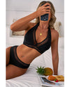 Black Sheer Mesh Edged Halter V Neck Push Up Bikini - 2XL
