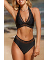 Black Sheer Mesh Edged Halter V Neck Push Up Bikini - M