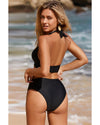 Black Sheer Mesh Edged Halter V Neck Push Up Bikini - M