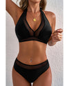 Black Sheer Mesh Edged Halter V Neck Push Up Bikini - XL
