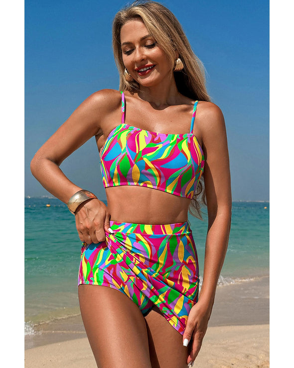 Multicolour Abstract Print Textured Spaghetti Strap High Waist Bikini Set - L