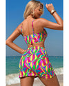 Multicolour Abstract Print Textured Spaghetti Strap High Waist Bikini Set - L