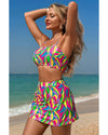 Multicolour Abstract Print Textured Spaghetti Strap High Waist Bikini Set - L