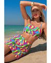 Multicolour Abstract Print Textured Spaghetti Strap High Waist Bikini Set - L