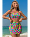 Multicolour Abstract Print Textured Spaghetti Strap High Waist Bikini Set - L