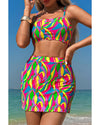 Multicolour Abstract Print Textured Spaghetti Strap High Waist Bikini Set - L