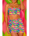 Multicolour Abstract Print Textured Spaghetti Strap High Waist Bikini Set - L