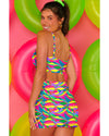 Multicolour Abstract Print Textured Spaghetti Strap High Waist Bikini Set - L