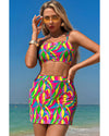 Multicolour Abstract Print Textured Spaghetti Strap High Waist Bikini Set - S