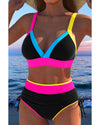 Black Color Block Drawstring Side V Neck High Waist Bikini Set - 2XL