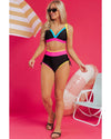 Black Color Block Drawstring Side V Neck High Waist Bikini Set - M