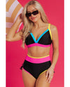 Black Color Block Drawstring Side V Neck High Waist Bikini Set - S