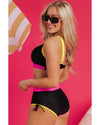 Black Color Block Drawstring Side V Neck High Waist Bikini Set - S