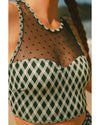 Green Dotted Mesh Plaid Patchwork High Waisted Bikini - L