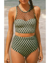 Green Dotted Mesh Plaid Patchwork High Waisted Bikini - M
