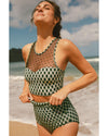 Green Dotted Mesh Plaid Patchwork High Waisted Bikini - M