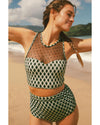 Green Dotted Mesh Plaid Patchwork High Waisted Bikini - M