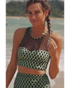 Green Dotted Mesh Plaid Patchwork High Waisted Bikini - M
