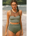 Green Dotted Mesh Plaid Patchwork High Waisted Bikini - M