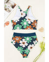 Blue Flower Zip up Racerback High Waisted Bikini - L