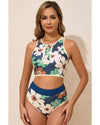 Blue Flower Zip up Racerback High Waisted Bikini - S