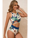 Blue Flower Zip up Racerback High Waisted Bikini - S