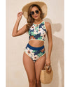 Blue Flower Zip up Racerback High Waisted Bikini - S
