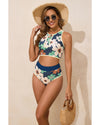 Blue Flower Zip up Racerback High Waisted Bikini - S
