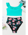 Sea Green Solid Ruffled Square Neck Swim Top and Floral Shorts Bikini Set - L