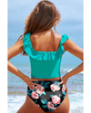 Sea Green Solid Ruffled Square Neck Swim Top and Floral Shorts Bikini Set - L