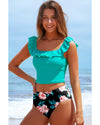 Sea Green Solid Ruffled Square Neck Swim Top and Floral Shorts Bikini Set - L