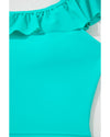 Sea Green Solid Ruffled Square Neck Swim Top and Floral Shorts Bikini Set - L