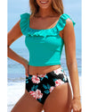 Sea Green Solid Ruffled Square Neck Swim Top and Floral Shorts Bikini Set - L