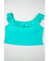 Sea Green Solid Ruffled Square Neck Swim Top and Floral Shorts Bikini Set - M